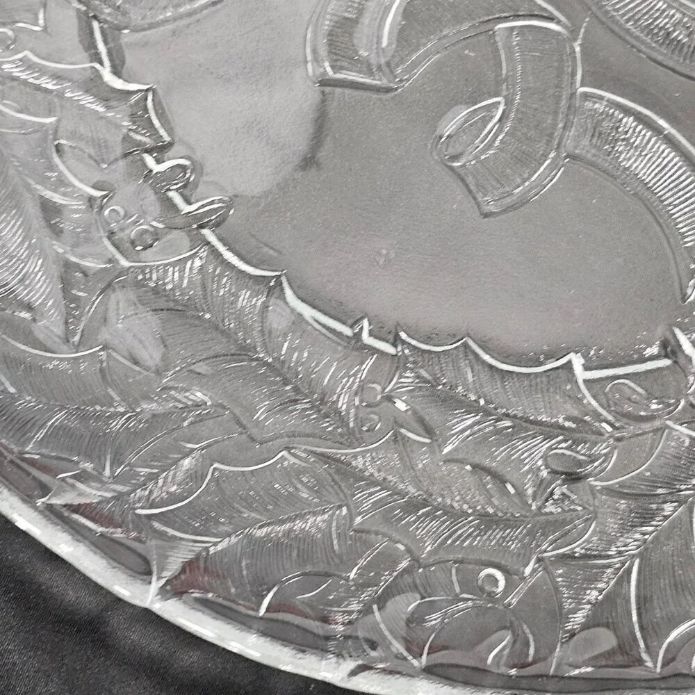 Arcoroc Vintage Clear Glass Christmas Holly Ribbon Cookie Serving Platter